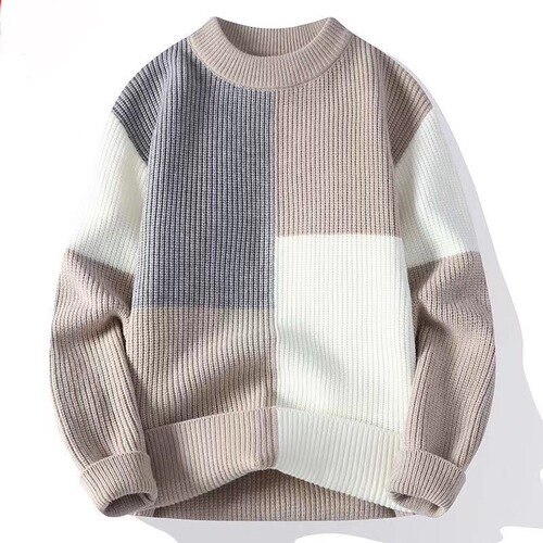 Contrast-color men's sweater—men's winter trendy brand base-layer knitted sweater, fashionable loose-fitting, laid-back sweater for winter warmth.