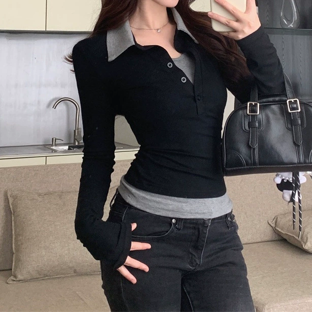 2025 Поддельные два сращивания с цветным лацканом с длинными рукавами тонкая рубашка