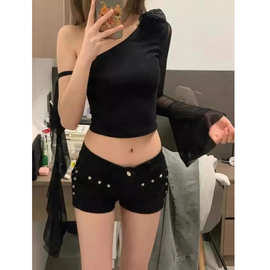 美式低腰铆钉黑色牛仔超短裤夏季新款小个子弹力辣妹显瘦紧身短裤