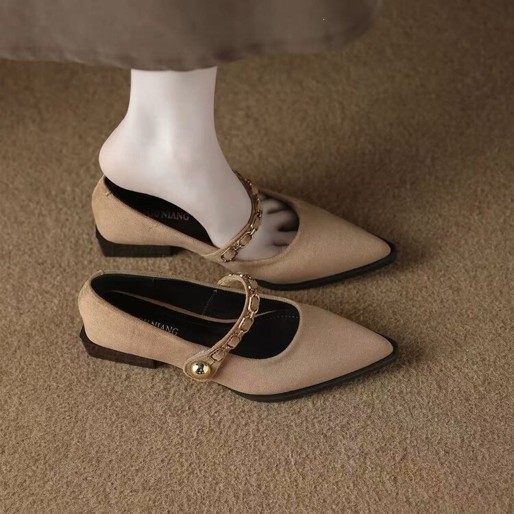 Velvet Luxury High-End Pointed-Toe Mary Jane Shoes for Women, 2026 Spring Collection, Black Low-Heel Shoes with Chain Decoration, French Style