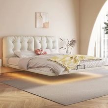 现代简约悬浮床轻奢奶油风床意式极简主卧带灯光悬浮实木布艺床