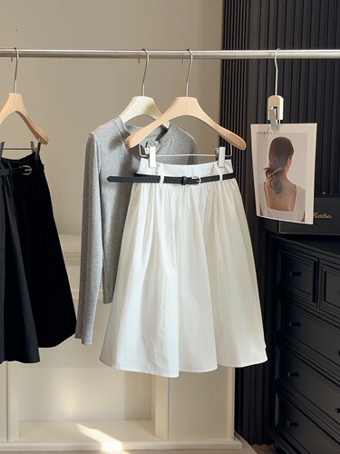 College style white a-line skirt for women's summer new high-waist temperament umbrella skirt for small man elastic waist fluffy midskirt