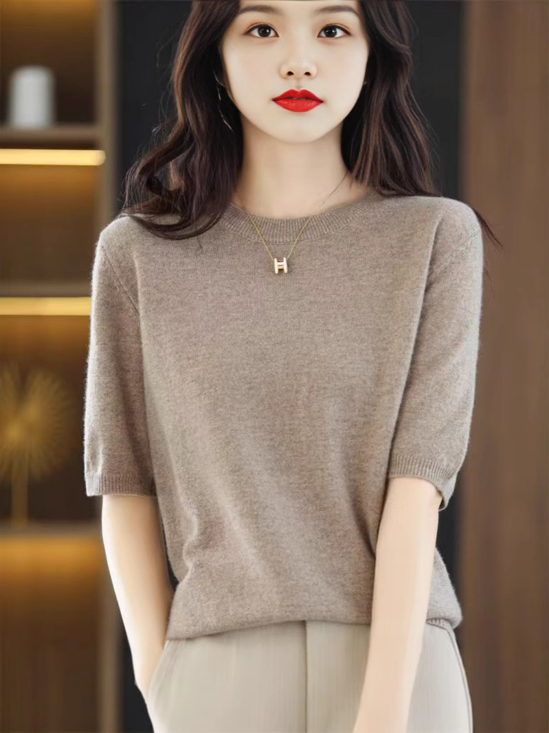 Knitted Short-Sleeved Thin Tops Women's T-Shirts 2025 Spring & Fall Half-Sleeved Wool Bottoming Shirts Round Neck Mid-Sleeve Loose Wholesale