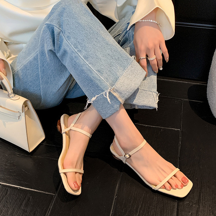 Sandal nữ gót thấp mũi vuông quai một dây hở ngón phong cách Hàn Quốc — đen, Tím, Màu trắng nhạt chi tiết 17