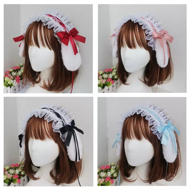 Lolita头饰垂耳兔蕾丝发带三件套Lo娘自制洛丽塔KC兔耳可拆卸多色