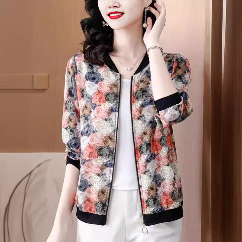 Thin Translucent Sunscreen Cardigan Women's Summer Young-reducing Easy-to-ride Chiffon Jacket Mother's Printed Baseball Shirt