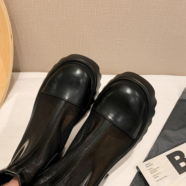 Boot ngắn nữ da bò mũi tròn đế dày thoáng khí khóa kéo sau — Màu đen, Màu mơ chi tiết 126