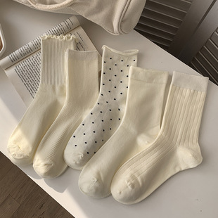 Korean-Style Ruffled Polka Dot Socks for Women, Trendy Mid-Calf Socks, Solid Color, Spring and Autumn Japanese Style, Sweet Mid-Calf Socks
