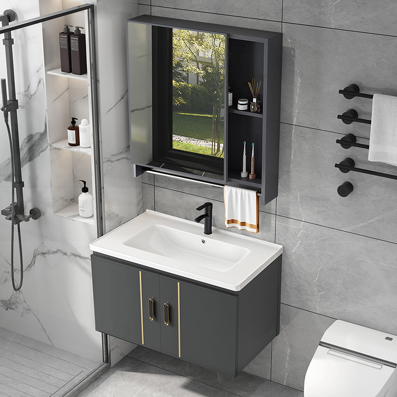 Space aluminum bathroom cabinet combination wash basin bathroom ceramic integrated basin small apartment wash table rock plate basin