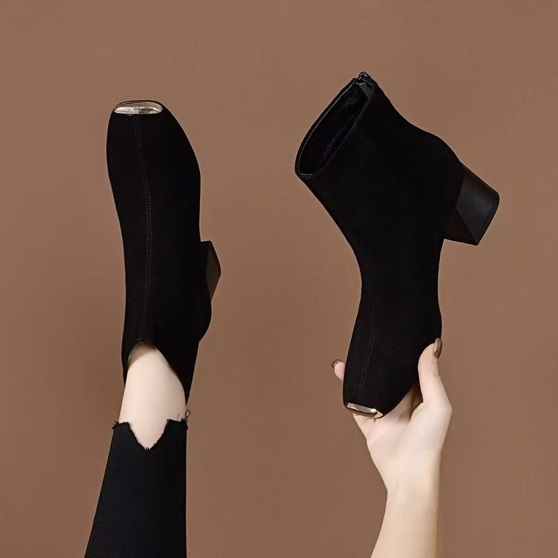 Anti-Kick Suede Boots for Women, 2026 Autumn New Stylish Chunky Heel Metal Round Toe Mid-Heel Stretchy Slim Sock Boots