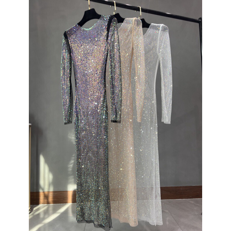 European and American Style Sexy Extended-Length Round-Neck Rhinestone Dress, Club Sparkling Slit Hollow-Out Long-Sleeve Colorful Rhinestone Dress European and American Style Sexy Extended-Length Round-Neck Rhinestone Dress, Club Sparkling Slit Hollow-Out Long-Sleeve Colorful Rhinestone Dress
