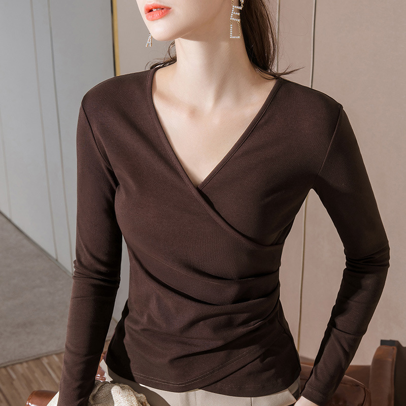 Cross V-Neck Long-Sleeved T-Shirt for Women 2025 New European Women's Cotton T-Shirt Sexy Clavicle Top Scheming Design Cross V-Neck Long-Sleeved T-Shirt for Women 2025 New European Women's Cotton T-Shirt Sexy Clavicle Top Scheming Design