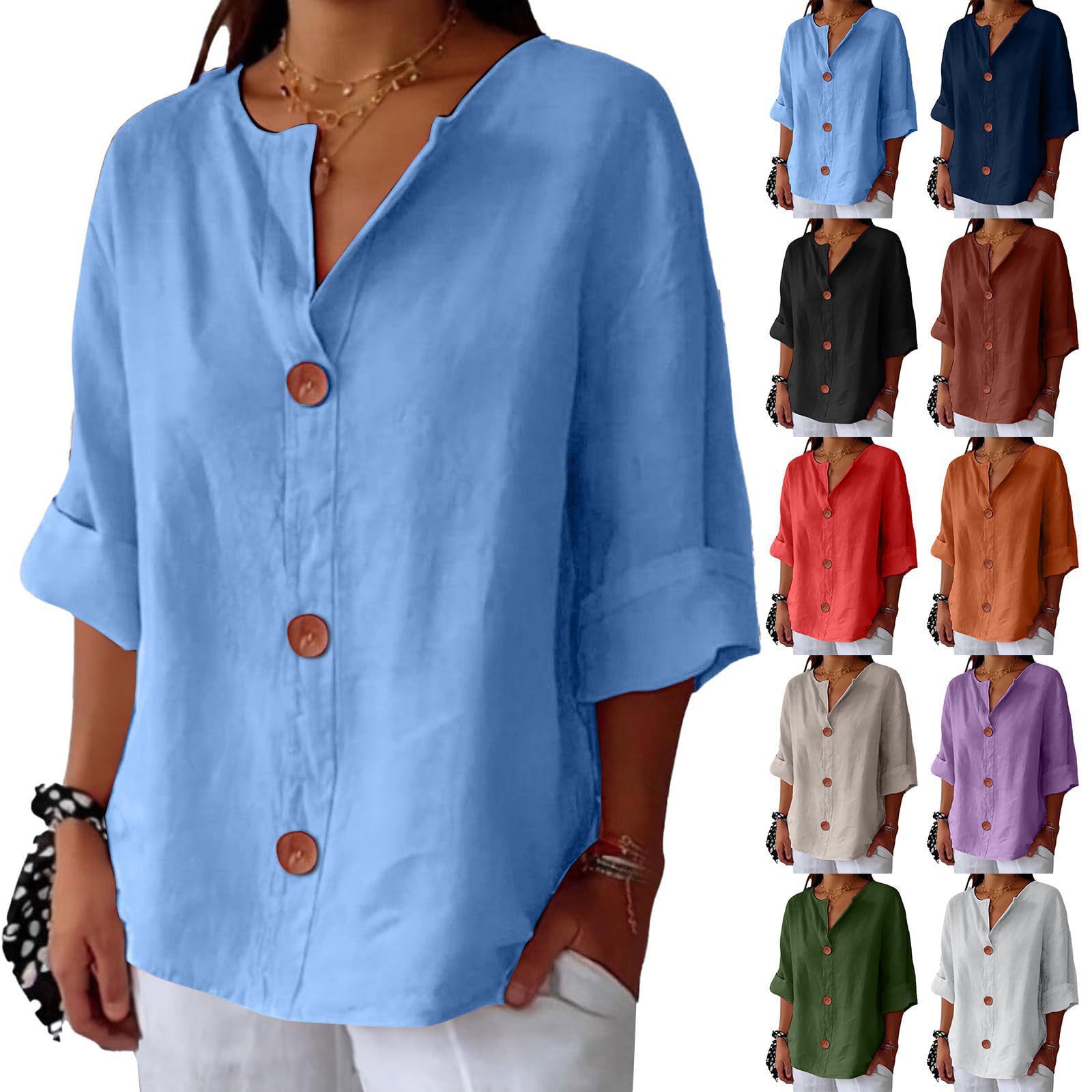 2025 Spring and Summer New Amazon Cross-Border European and American New Loose T-Shirt Women's V Neck Cotton and Linen Button Top