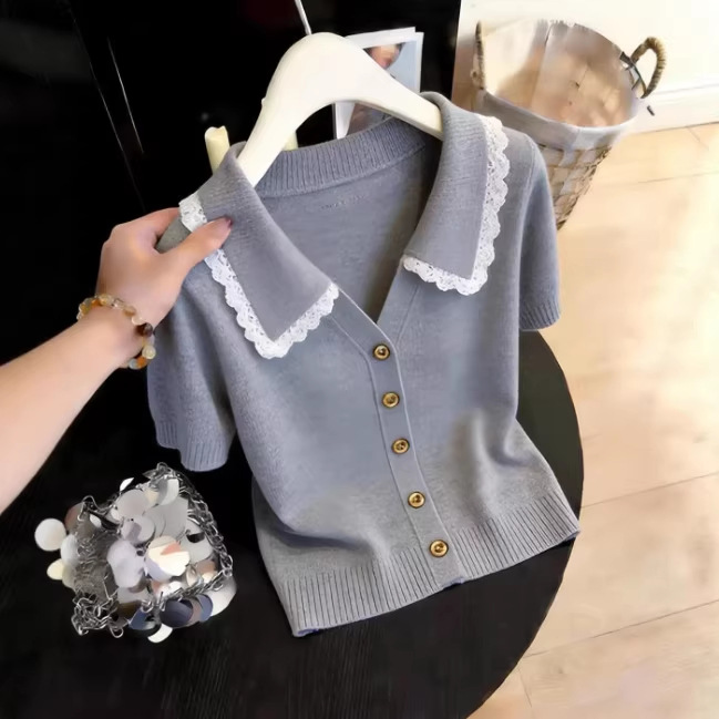 韩系蕾丝polo领针织短袖T恤女装2026夏季新款辣妹休闲气质短上衣