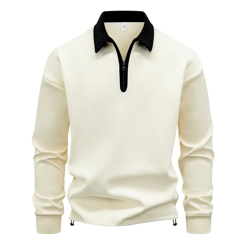 Men's Autumn Fashion Long-Sleeve Hoodie | Korean-Style Turn-Down Collar Pullover Sweatshirt | Lightweight Fleece Lining (Black/Navy/Beige/Gray)_viptrois.com