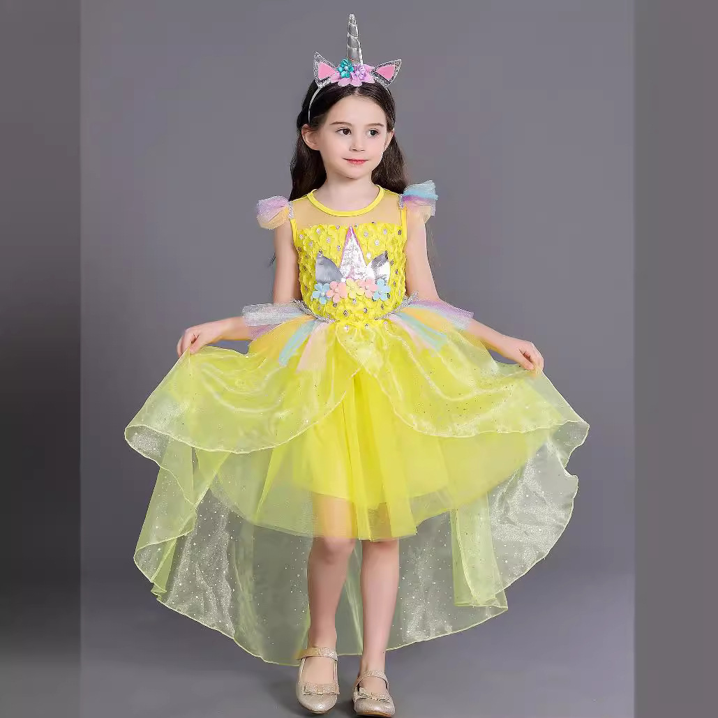 2021 Summer Cool Polaroid Princess Dress Children's Unicorn Rainbow Long and Short Girls' Dress Cross-border New