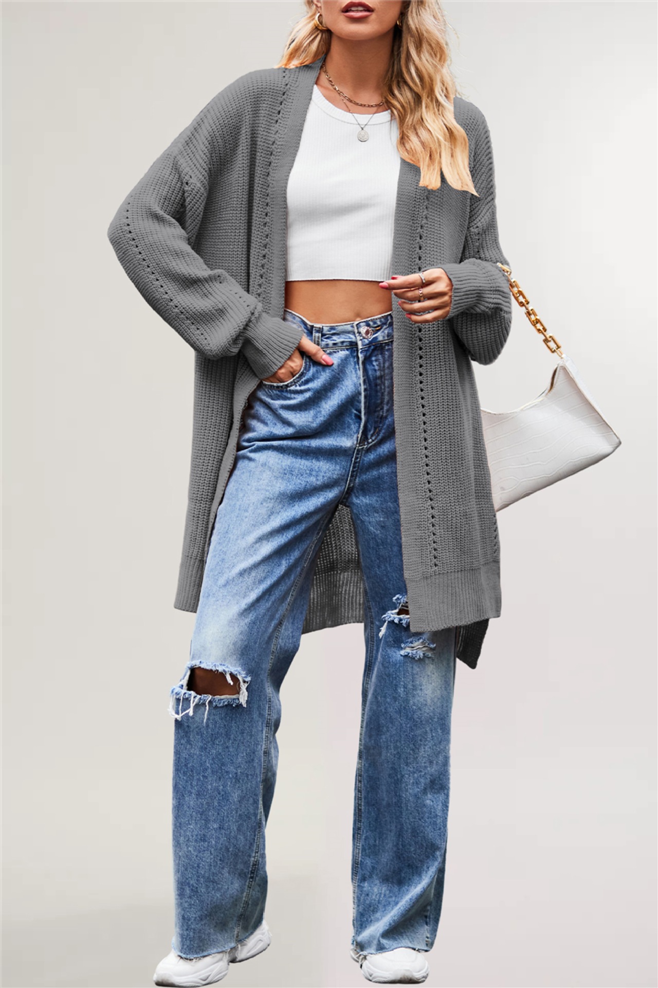 Suéter Nuevo de Otoño e Invierno 2025 para Mujer, Estilo Europeo y Americano, Color Sólido, Cárdigan Holgado de Punto con Bolsillos, Chaqueta