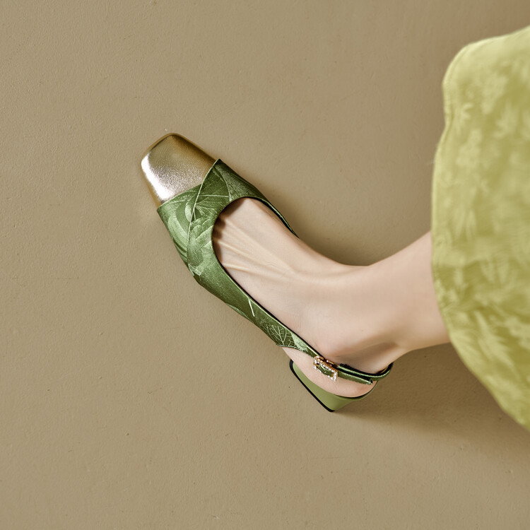 Sandal bít mũi nữ da bò phối màu gót thô 5 cm — Màu xanh lá, Màu mơ