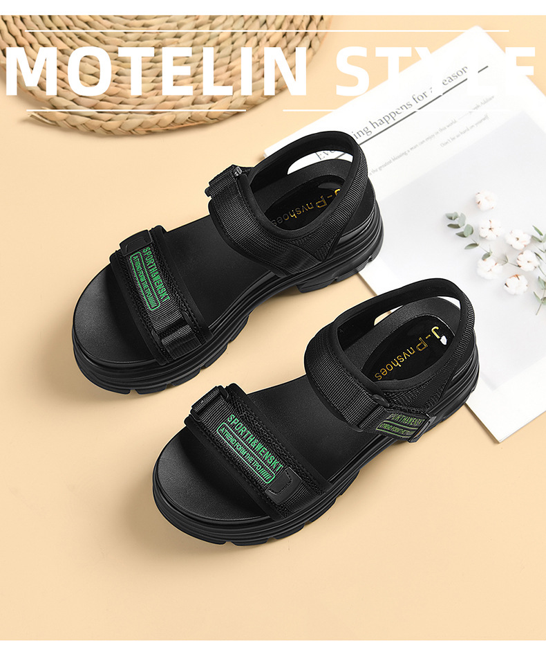 Giày sandal thể thao da thật đế dày nữ gót 4cm quai chữ V khóa dán — JST 1609 cao gót xanh đen 4cm, Đen trắng 2001 LJ, JST 1611 cao gót xanh đen 4cm, 2206 ML màu đen chi tiết 2