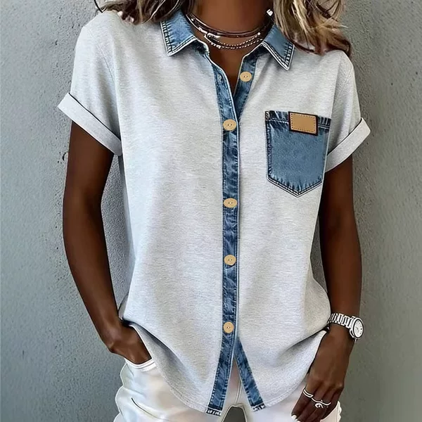 Amazon European and American Cross-Border 2026 Spring/Summer New American Retro Color-Blocking Short-Sleeve Pocket Women's Top