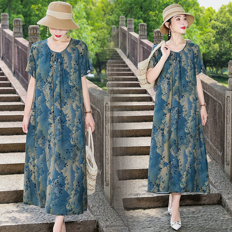 Новое хлопковое шелковое платье свободного кроя в этническом стиле, большой размер, верхняя одежда для мам, цветочная юбка, одежда для женщин 50 лет