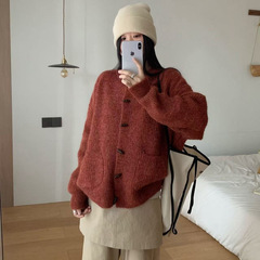 法式复古牛角扣针织开衫女秋冬新款跨境宽松慵懒风加厚毛衣外套女