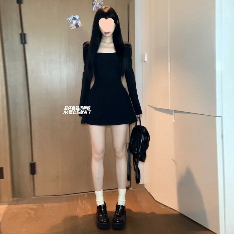 法式感黑色长袖连衣裙子女早春季2025新款小个子收腰方领长裙|undefined