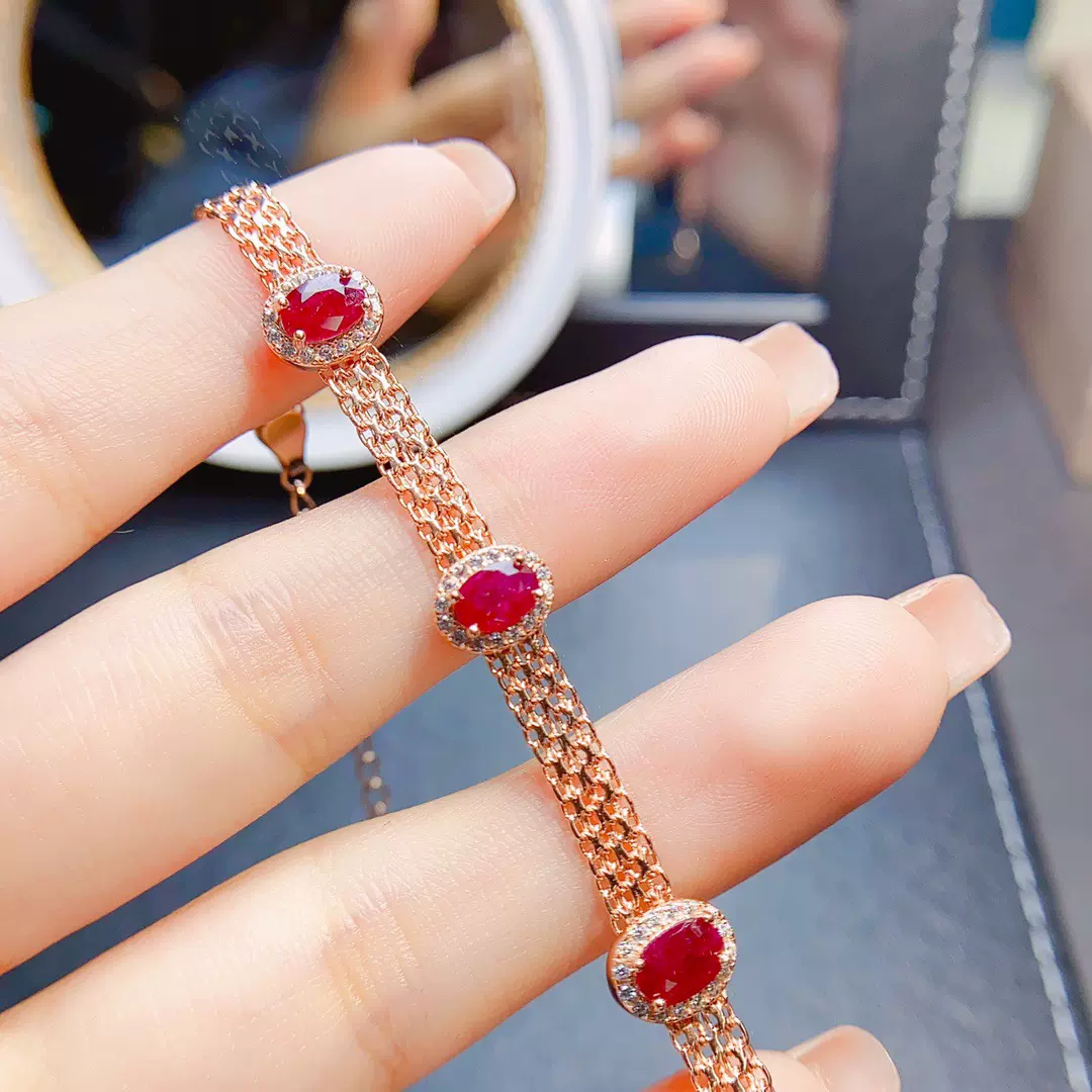 工厂批发爆款天然红宝石手链S925银镶嵌主石4*6热销欧美一件代发