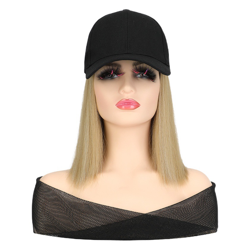 Gorra de peluca de una pieza, pelo corto y liso, sombrero de mujer, peluca, cabello de clavícula, cabeza de bobo
