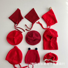 婴幼儿红色精灵帽秋冬宝宝毛线尖尖系带护耳帽小月龄喜庆包头帽子