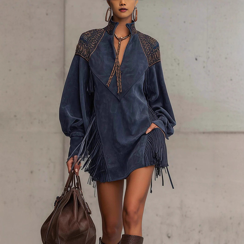 Amazon Independent Site 2025 New Cross-Border European and American Style V-Neck Tassel Embroidered Dress for Women Amazon Independent Site 2025 New Cross-Border European and American Style V-Neck Tassel Embroidered Dress for Women