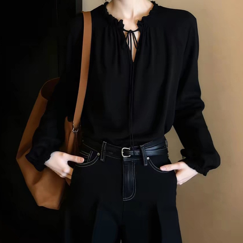 Black V-Neck Tie-Up Long-Sleeve Shirt for Women, 2026 New Spring Model, Suitable for Important Occasions, High-End Inner Wear Top Black V-Neck Tie-Up Long-Sleeve Shirt for Women, 2026 New Spring Model, Suitable for Important Occasions, High-End Inner Wear Top