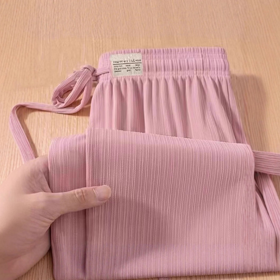 Women's Summer Casual Pants, Ice Silk Wide-Leg Pants, Loose, Large Size, Slimming, Breathable, Thin, Petite Straight-Leg Casual Long Pants