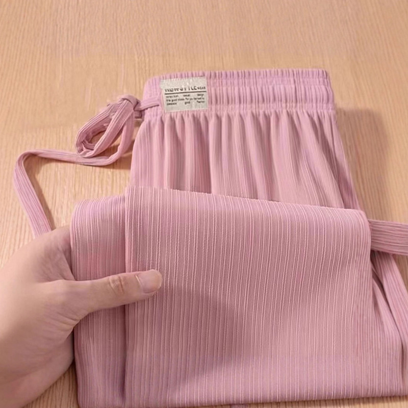 Women's Summer Casual Pants, Ice Silk Wide-Leg Pants, Loose, Large Size, Slimming, Breathable, Thin, Petite Straight-Leg Casual Long Pants