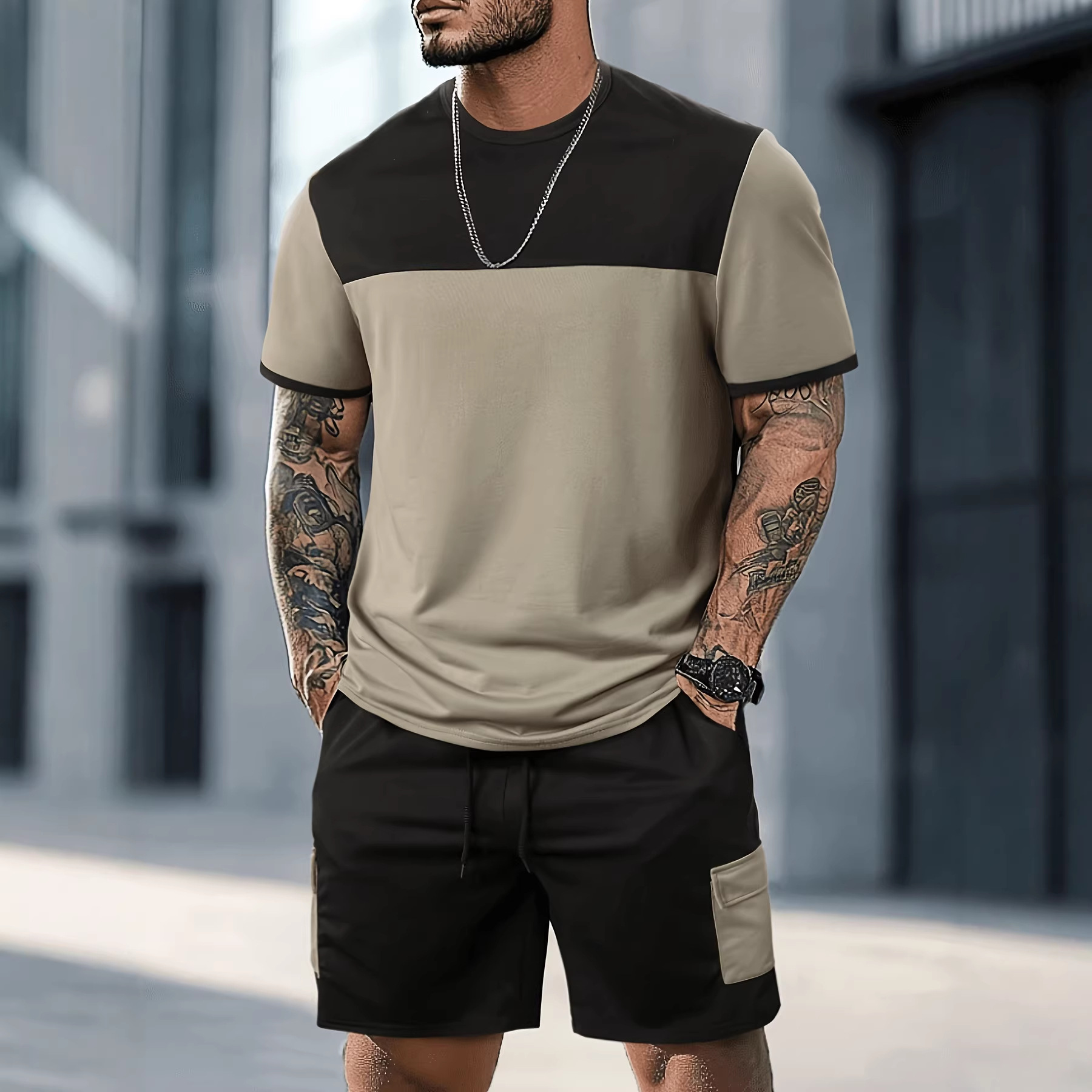 Men's Color Block Sports Suit American Style Casual Set Summer Short Sleeve Shorts For Men_viptrois.com