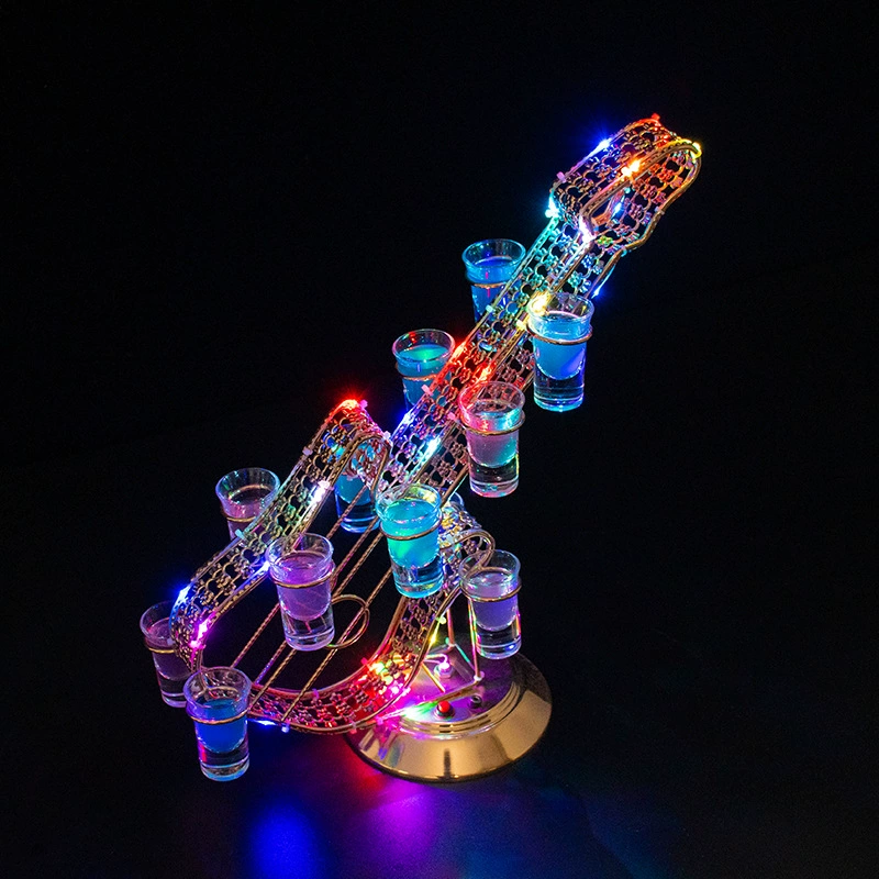 Glass holder, colorful glowing cocktail wineglass heart shaped, bullet, shot glass