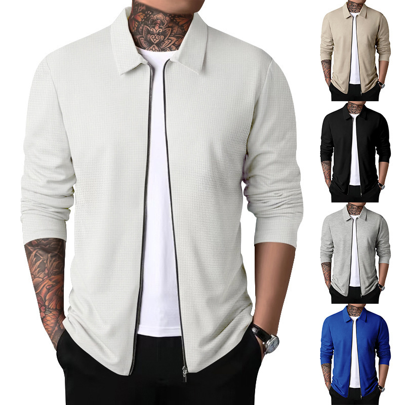 Cross-Border 2023 Jacket Cardigan Men's Autum New Zipper Jacket Casual Men's Long-Sleeved Lapel Waffle Jacket Cross-Border 2023 Jacket Cardigan Men's Autum New Zipper Jacket Casual Men's Long-Sleeved Lapel Waffle Jacket