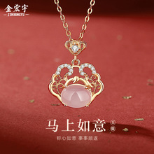 原创如意锁萌马项链女纯银复古中国风本命年平安锁玉髓吊坠锁骨链