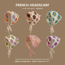 法式田园风针织头巾女发带头饰三角巾出游甜美可爱钩花高级感批发