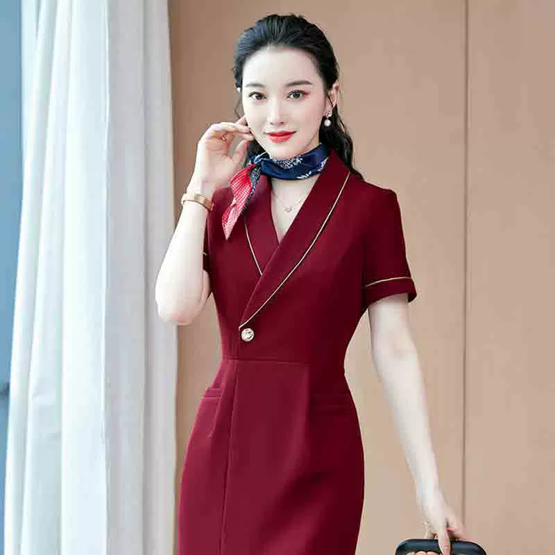 职业短袖连衣裙新款包臀美容院售楼处酒店前台工作服裙子工装女夏