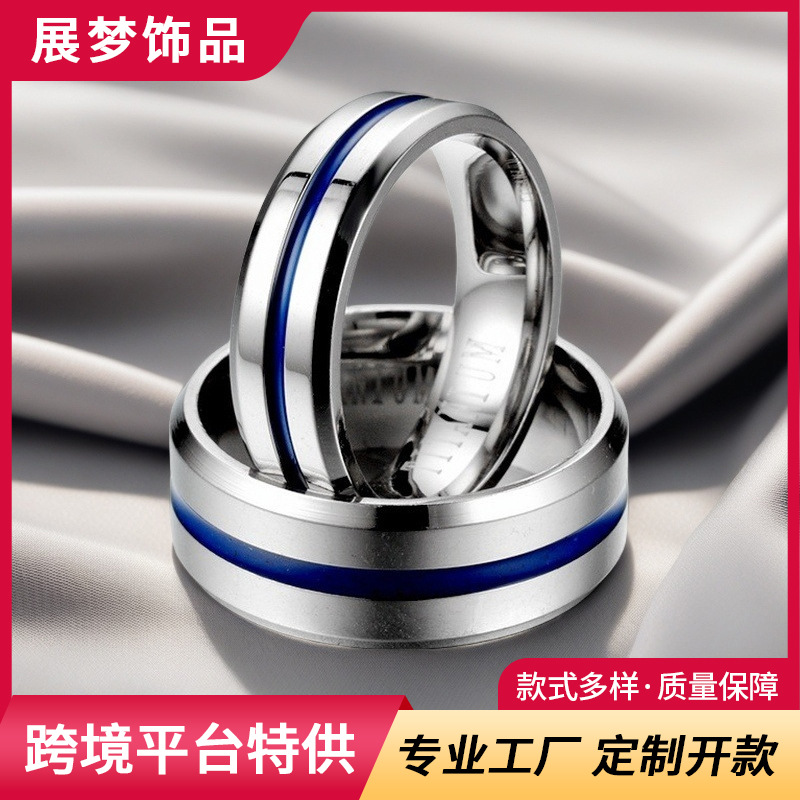 Cross-border Explosions TITANIUM Stainless Steel Ring Men's European and American Joint Hip-hop Silver Blue Stripe Titanium Steel Ring