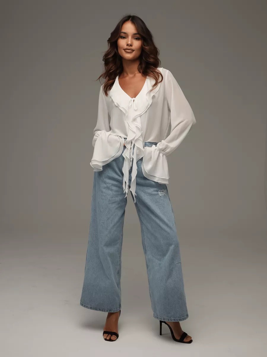 Frühling Damen Neue Mode Rüschen Langarm V-Ausschnitt Krawatte Vielseitige Hemdbluse_voghion.com