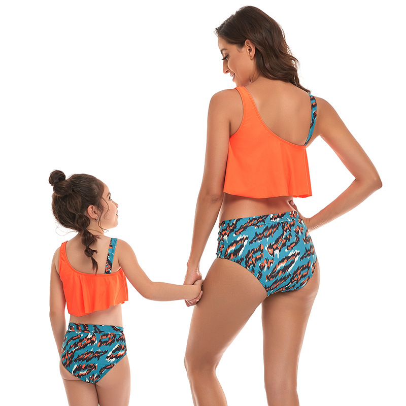 Estampado de un solo hombro con volantes de cintura alta conjunto de Tankini para padres e hijos NSHYU121352