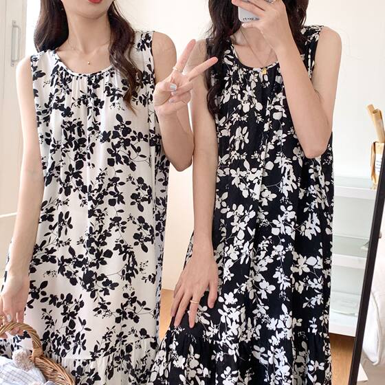 2023 Summer Cotton Silk Vest Long Dress Girlfriend Pajamas Printed Loose Comfortable Cool Breathable Home Clothes for Women