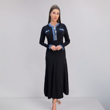 欧美风法式新款长袖拼牛仔针织连衣裙简约大气长裙修身长袖毛衣裙