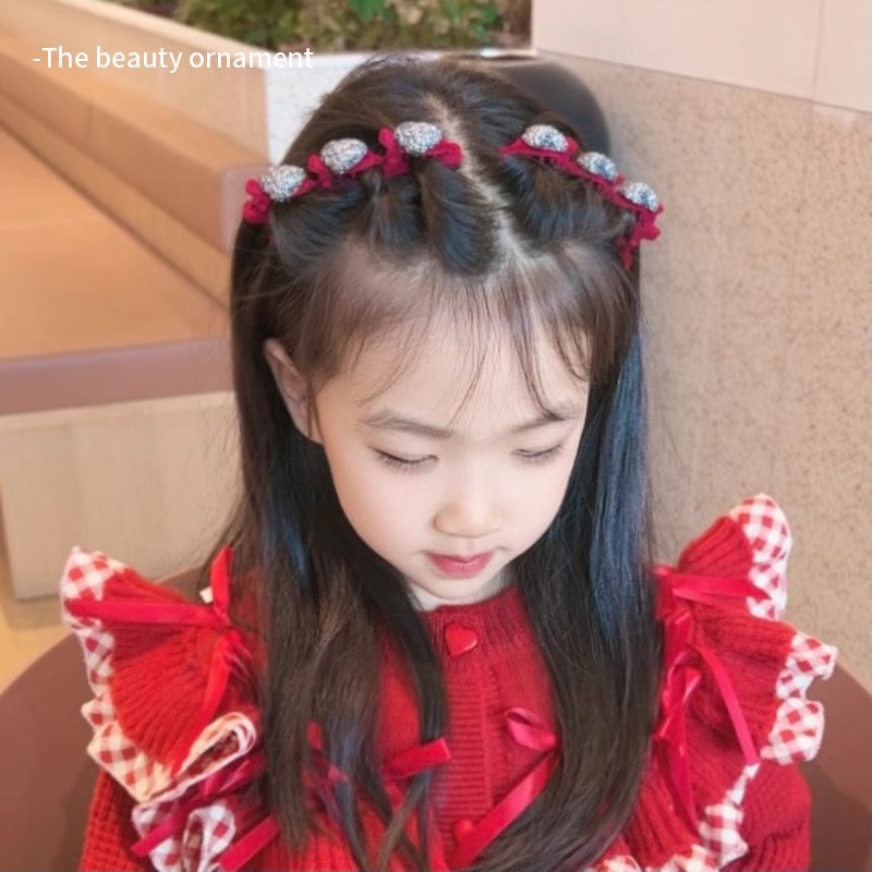 Niños de Año Nuevo acabado de cabello roto artefacto de otoño y invierno flocado rojo amor trenzado clip de cabello para mujeres flanqueado clip