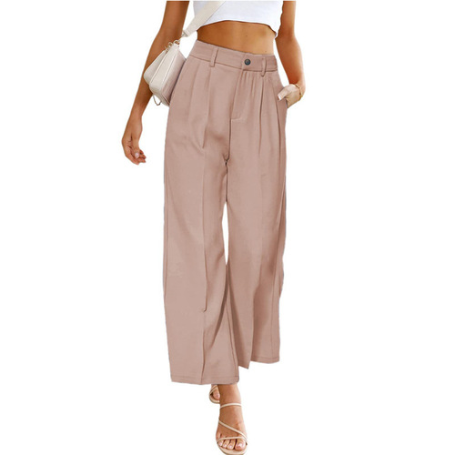 2023 spring and summer new style European and American cross-border women's casual wide-leg formal pants high-waist button trousers with pockets