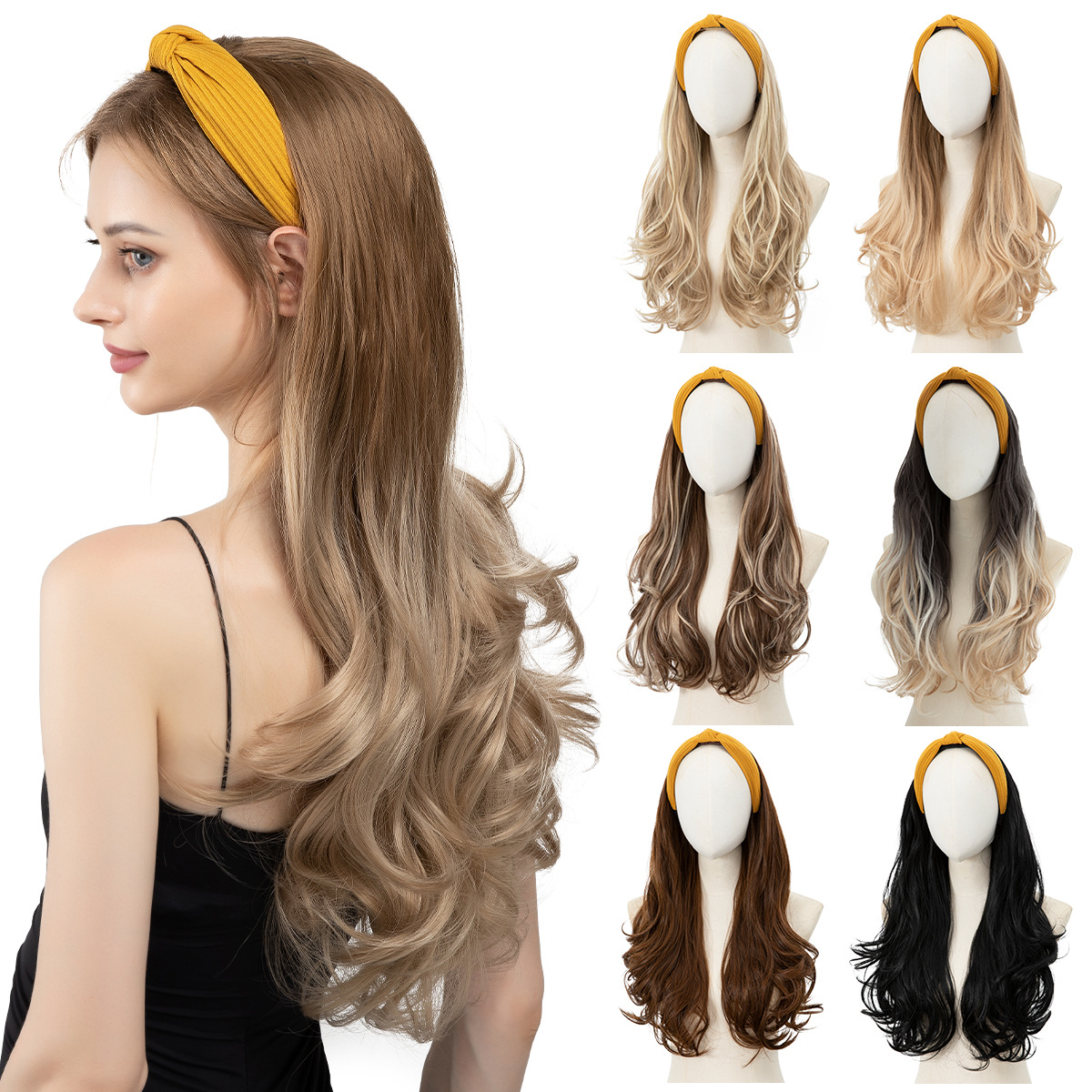 Pelucas europeas y americanas transfronterizas para mujer, diadema larga y rizada, medio casco, medio casco de fibra química de onda grande, medio casco hairwigs