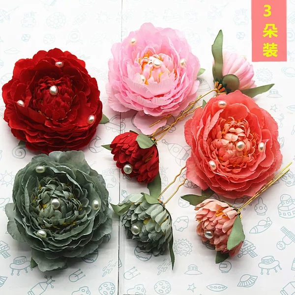 Wholesale peony headdress silk flower decoration hanfu hair clip fabric headdress hair clasp 1314 costume tang style headdress flower