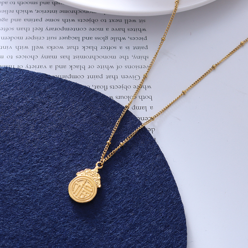 Chinese Style Jewelry Good Luck Fortune Ancient Style Pendant ins Style Simple Necklace Women's Titanium Steel Gold Clavicle Chain Accessories_voghion.com